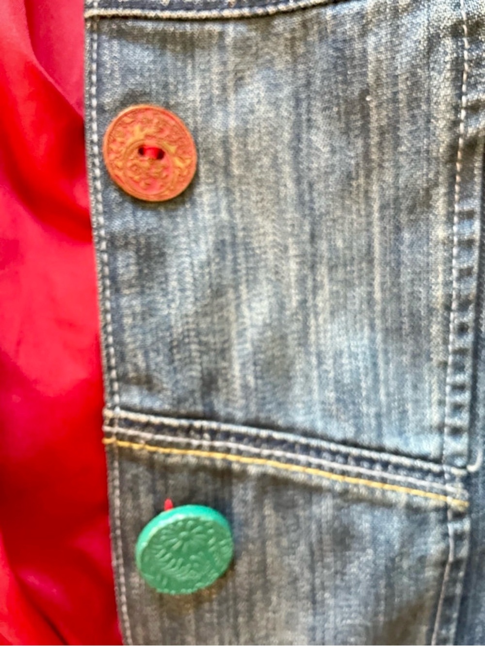 Desigual Patchwork Denim Coat in Light & Dark Blues, Collage & Colorful Buttons - Picture 9 of 14